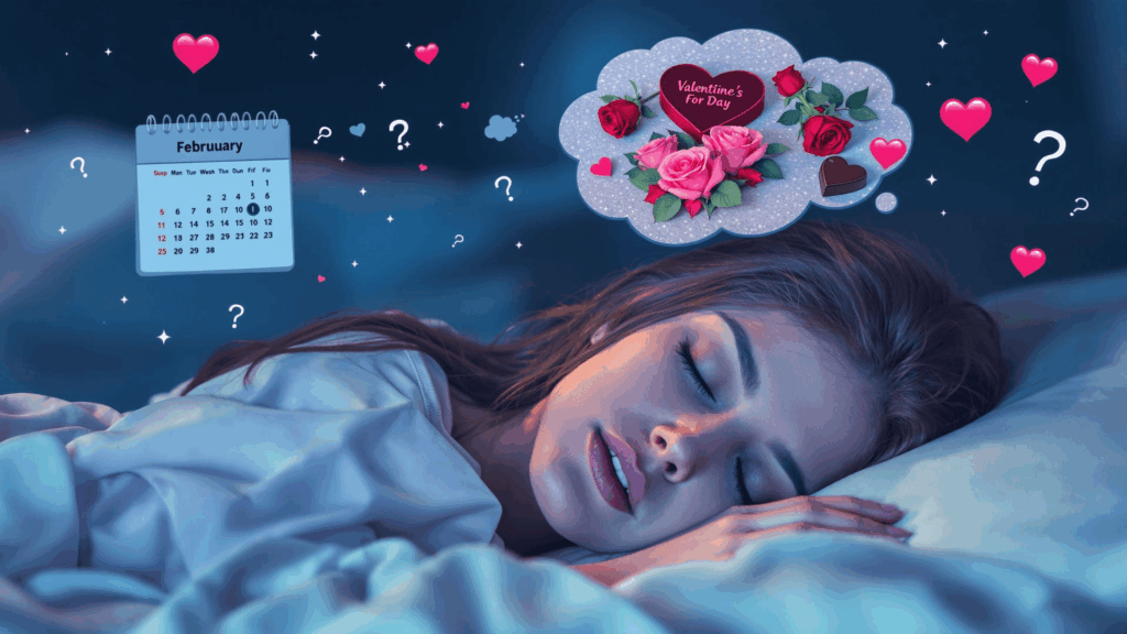 Woman asleep, with calendar floating in the air marked February. The woman is dreaming of chocolates and roses for Valentine's Day