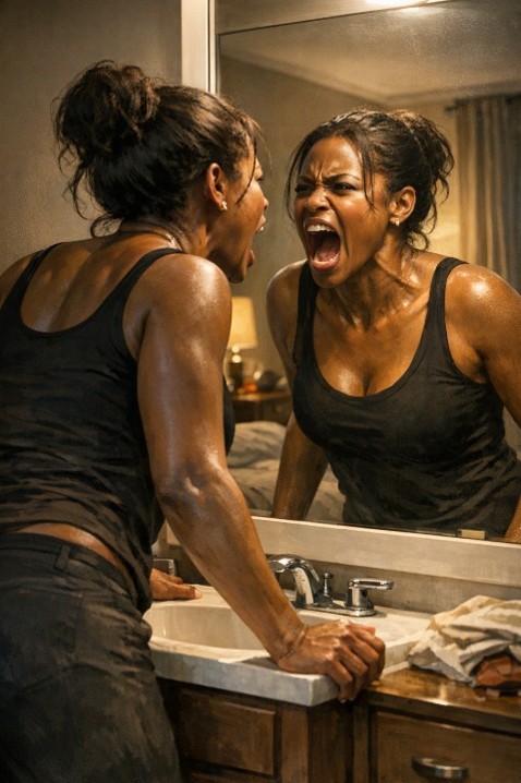 A woman in a black tank top yells at her reflection in a bathroom mirror, gripping the sink as she shouts in anger.