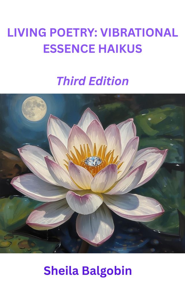 Living Poetry E Book Cover 3rd Ed Revised - Crack Your Dream Code Book cover: 'LIVING POETY: VIBRATIONAL ESSENCE HAIKUS' Third Edition with a large pink-white lotus under a moonlit night sky.