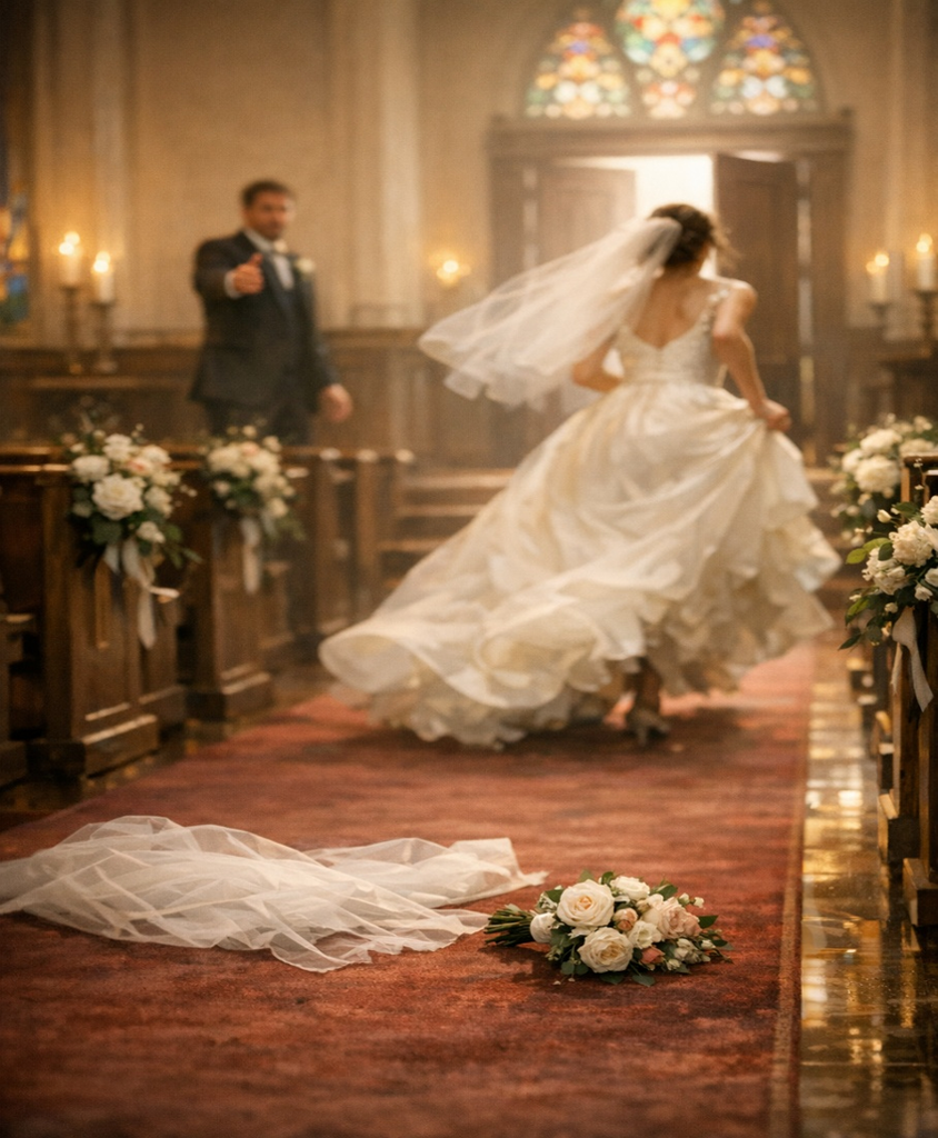 Bride in a flowing white wedding gown and veil running down the church aisle; bouquet lies on the carpet as the groom smiles in the background.